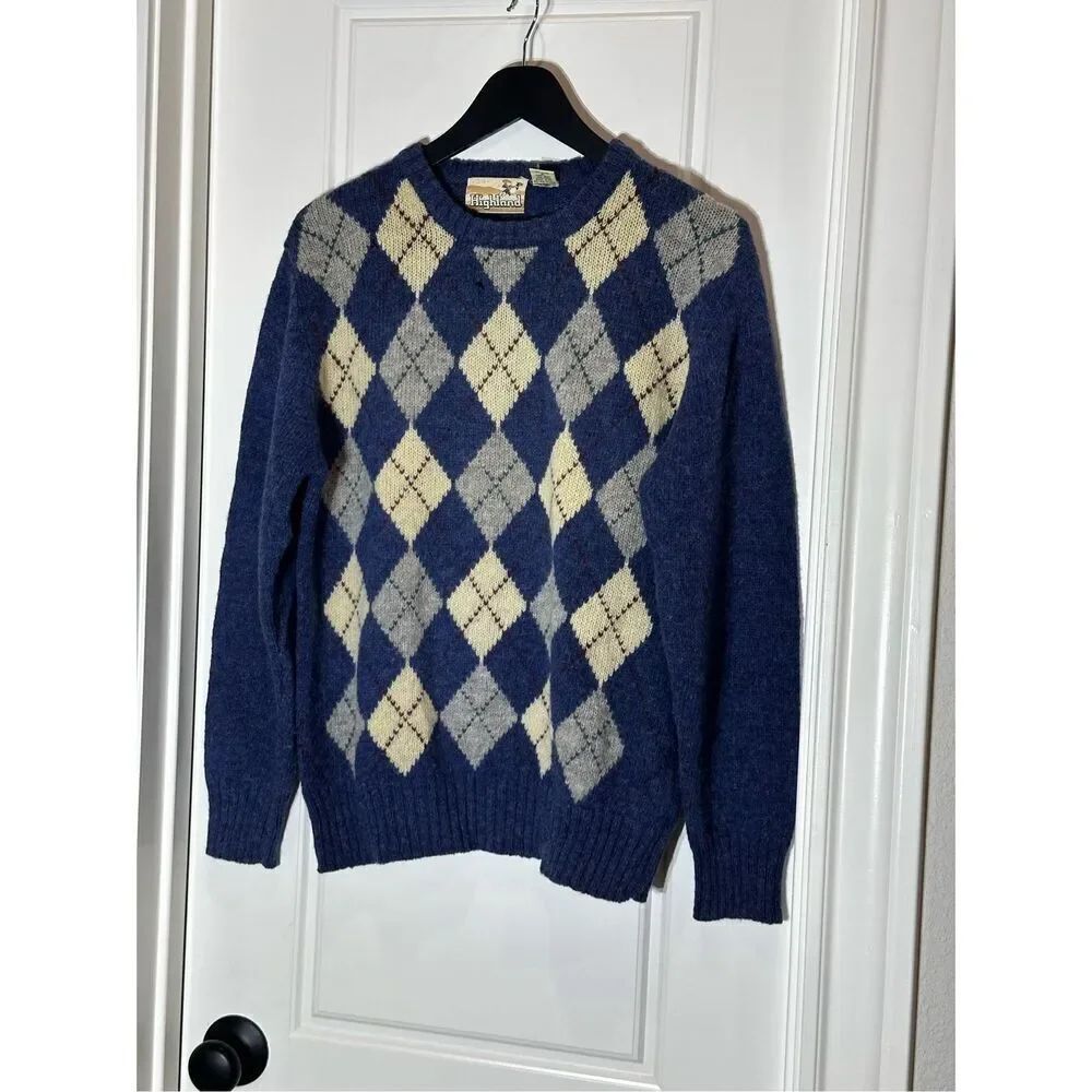 Highland size L vintage 100% wool argyle sweater *flawed